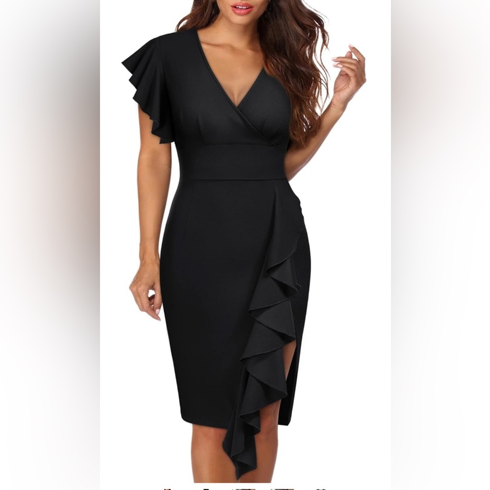 Knitee Dress- Women's Deep-V Neck Ruffle Sleeves Pencil Slit Formal